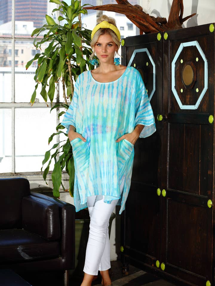 Artisan Turquoise Tie Dye Gauze Round Neck Kaftan for wholesale by KikiSol