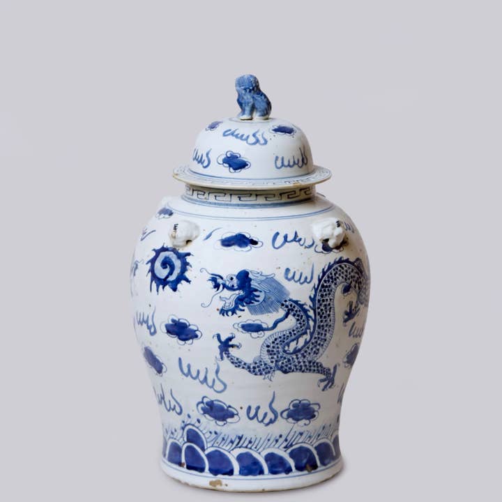 Blue and White Porcelain Dragon Temple Jar for wholesale by Cobalt Guild
