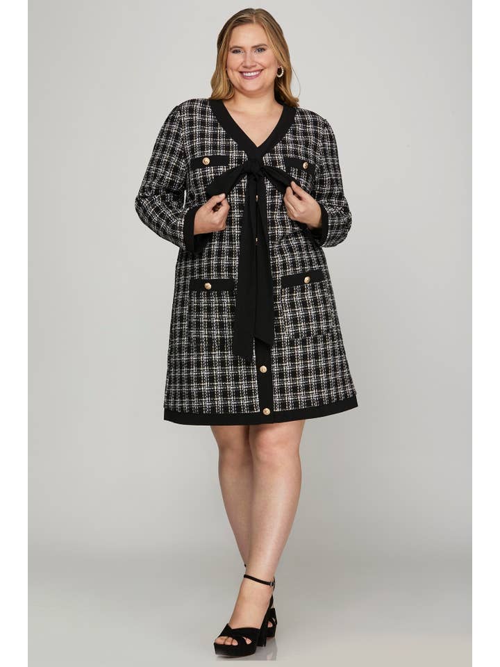 Peace Love Line - Wholesale Dress - Women's - PL4656 PLUS - BUTTON DOWN CONTRAST BOW TWEED DRESS
