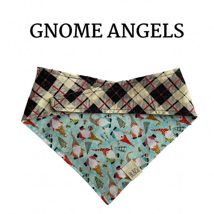 Festive Gnomes + Cream, Black & Red Plaid Reversible Tie/On Bandana for wholesale by Bearded Ladies & Co