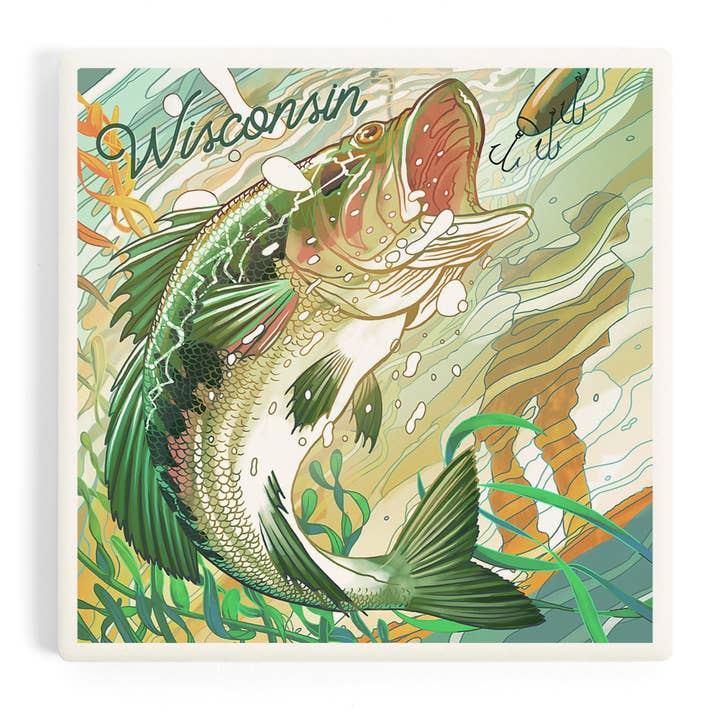 CERAMIC COASTER Wisconsin, Fish All Day, Bass for wholesale by Lantern Press