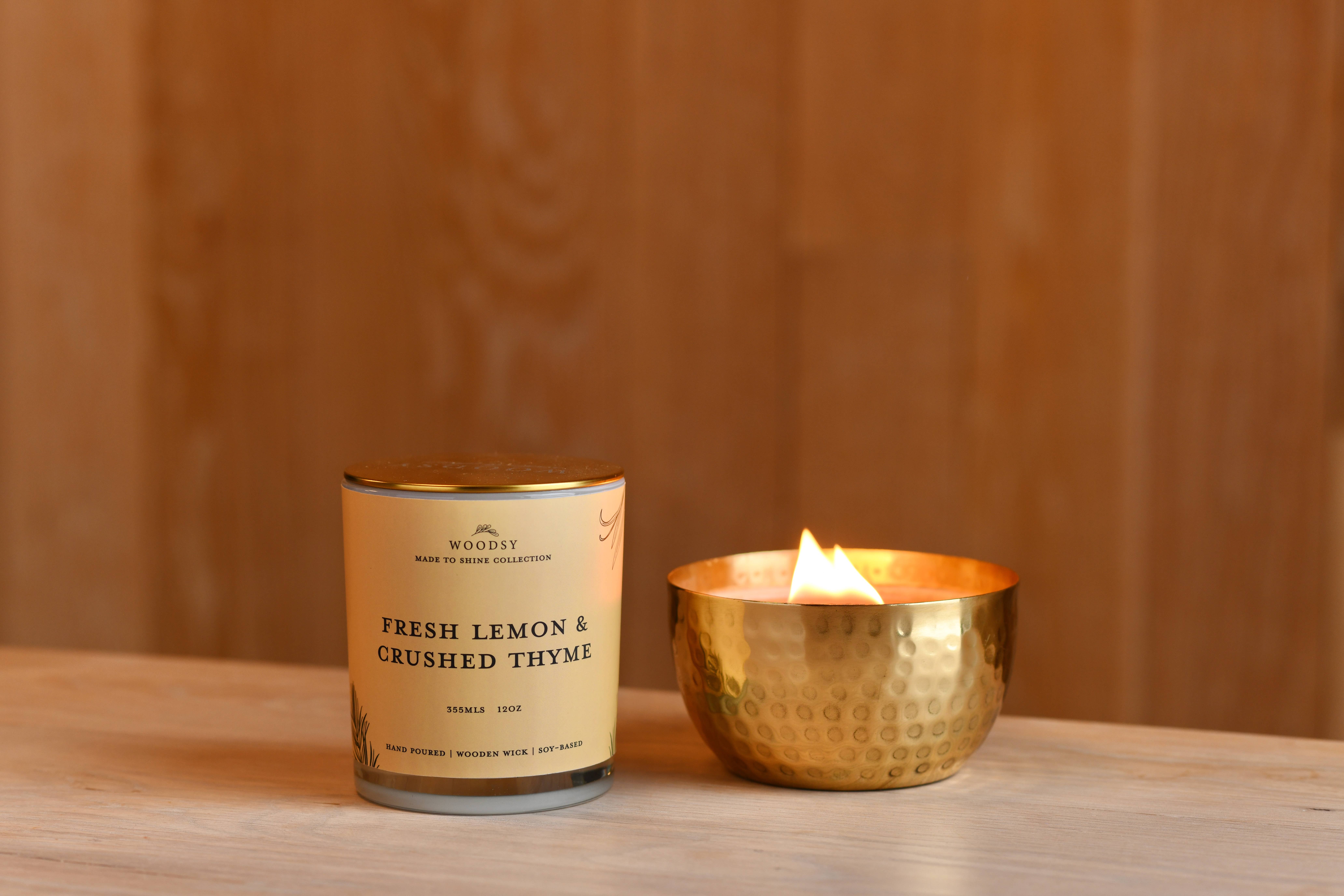 Woodsy Homelife – Großhandel Kerze im Glas / gefüllte Kerze – Kerze aus reinem Soja, frische Zitrone und zerkleinerter Thymian, massives Messing, 14 Unzen2
