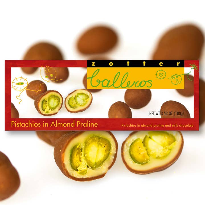 Pistachios in Almond Praline (Balleros) for wholesale by Zotter Chocolates