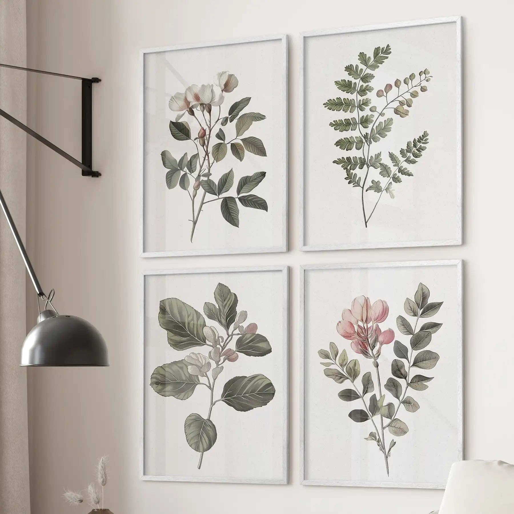 PrintSets.com - Wholesale Gallery Wall Set - Wall Art Set of 4 Prints. Fern, Cotton, Rose Flowers Decor1