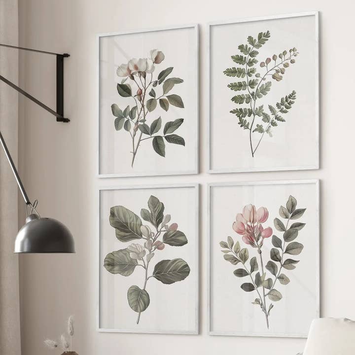 PrintSets.com - Wholesale Gallery Wall Set - Wall Art Set of 4 Prints. Fern, Cotton, Rose Flowers Decor1