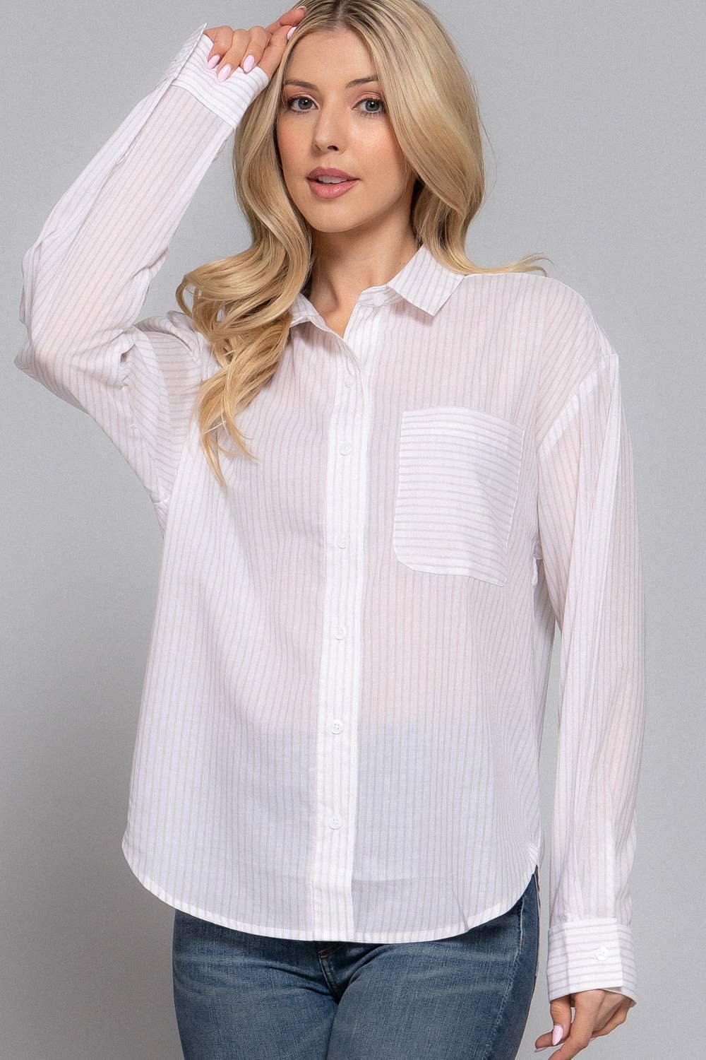 Active Basic | Active USA - Wholesale Button Down Shirt - Women's - Long Sleeve Y/D Stripe Voile Shirt11