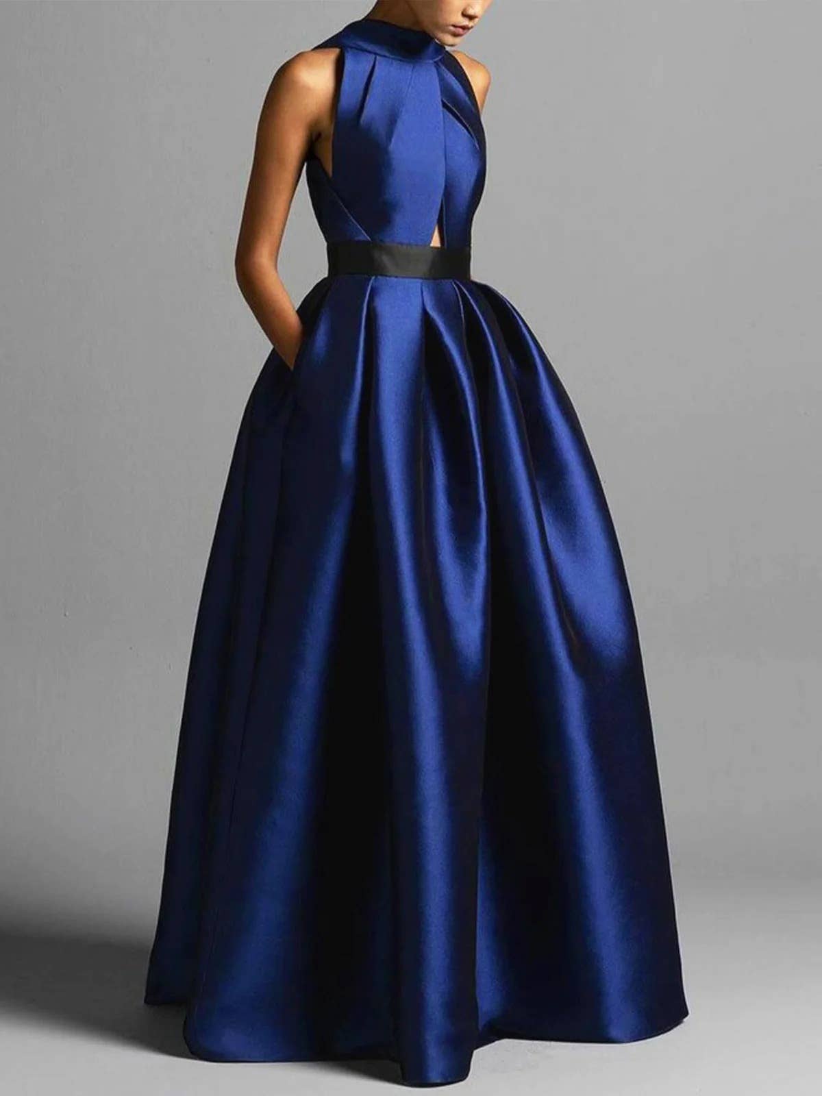 ROYAL BLUE High Neck Sleeveless Dresses Satin Party Dress For Women for wholesale on Faire