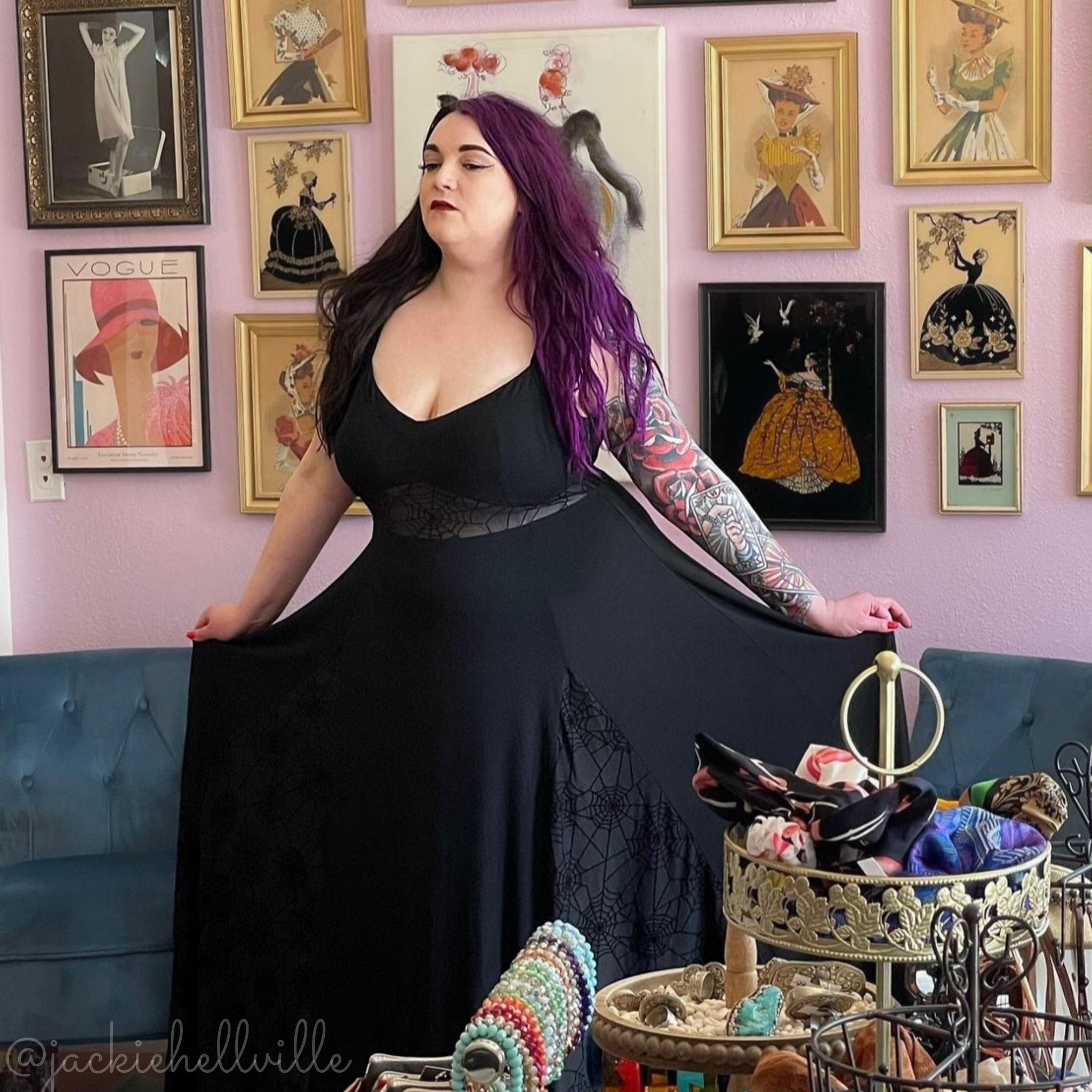 Weasel Wear - Wholesale Dress - Women's - Arachnophobia Maxi Dress - Black Rayon Jersey Maxi with Spiderweb Mesh Panels (Dark Web Edition)5