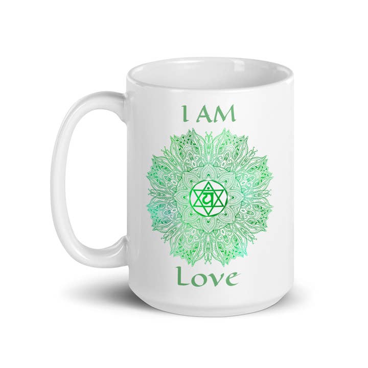 I AM Love ~ Heart Chakra Mandala Coffee Mug 15 Oz. for wholesale by Goddess Swag™