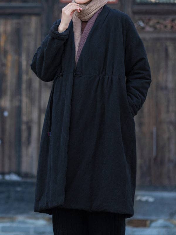 VividLux – Engroshandel Frakke - Dame – Lange ærmer Løst bomuldspolstret tøj Træksnor Quiltet ensfarvet fløjl V-hals Overtøj Polstret frakke8