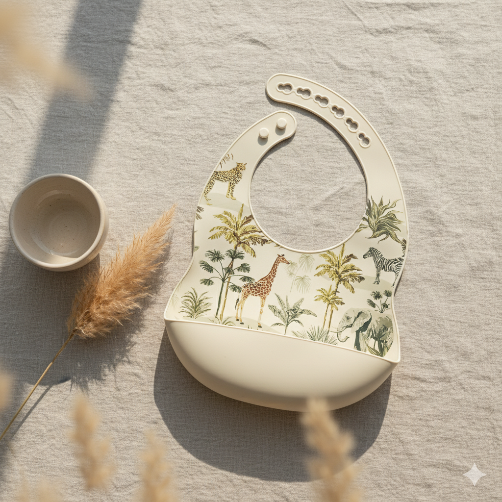 Rammelaartje - Wholesale Bib - Baby - Bestseller Silicone bib with tray Jungle - Beige2