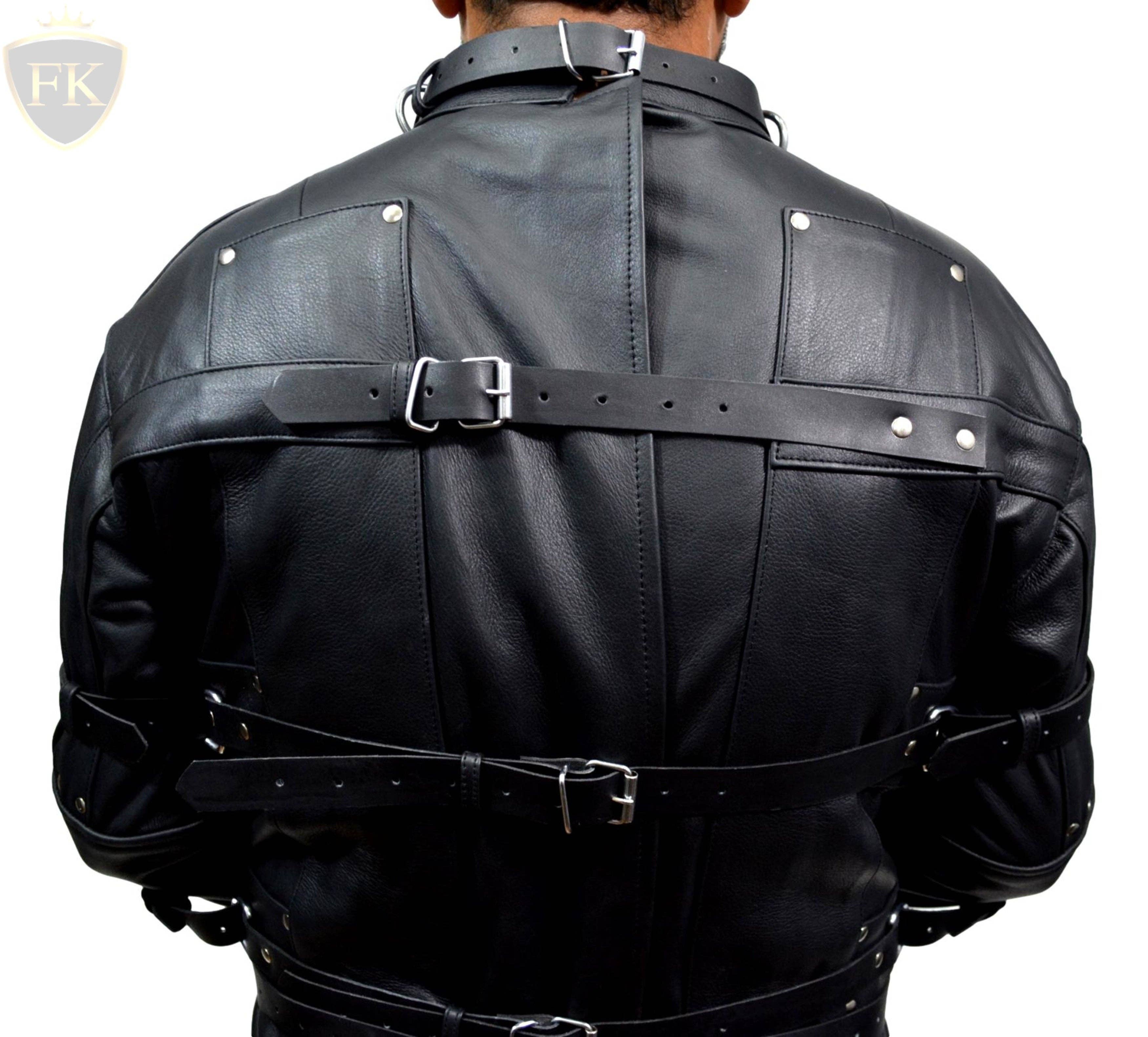 Meninleather – wholesale Leather jacket – Men′s – Men Leather Straitjacket Straight jacket with Locking Buckles Belts4