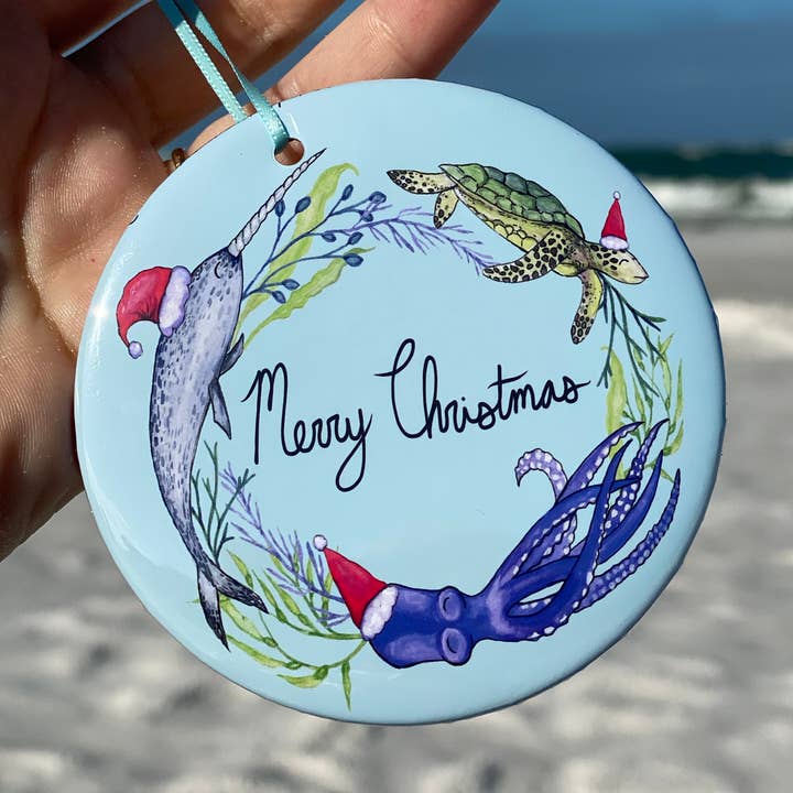 Merry Christmas Ornament / Ocean Ornament / Narwhal ornament for wholesale by Fox & Crow Paper co.