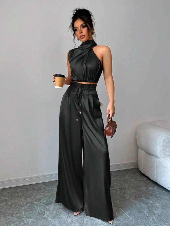 LORIANE - Wholesale Top & Pant Set (NOT Loungewear) - Women's - 9982 Solid color crop top and pants set