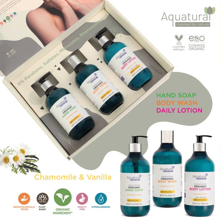 Aquatural Organic Three Piece Gift Set Chamomile & Vanilla Body Wash Lotion & Hand Soap 16.9 FL Oz Eco Certified Natural Skincare Routine for wholesale by Turgiene