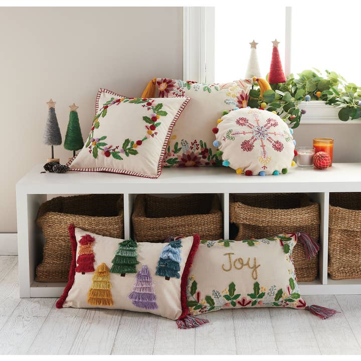 Peking Handicraft - Wholesale Throw/Decorative Pillow - Boho Holiday Wreath Embroidered Pillow