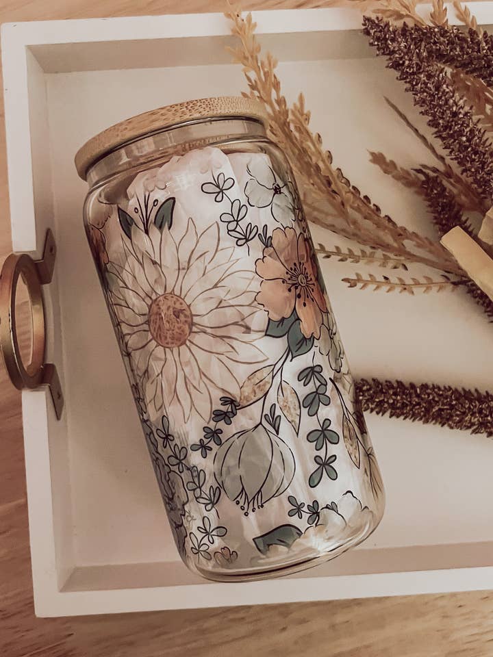 Fall Floral 16 oz Glass Cup with Bamboo Lid and other Purchase Wholesale always cold. Free Returns & Net 60 Terms on Faire trending on Faire.