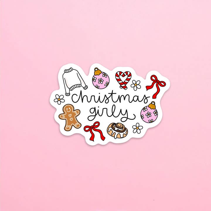 Autocollant Résistant à l'Eau Rose Girly Mignon de Noël pour la vente par The Sunday Disco