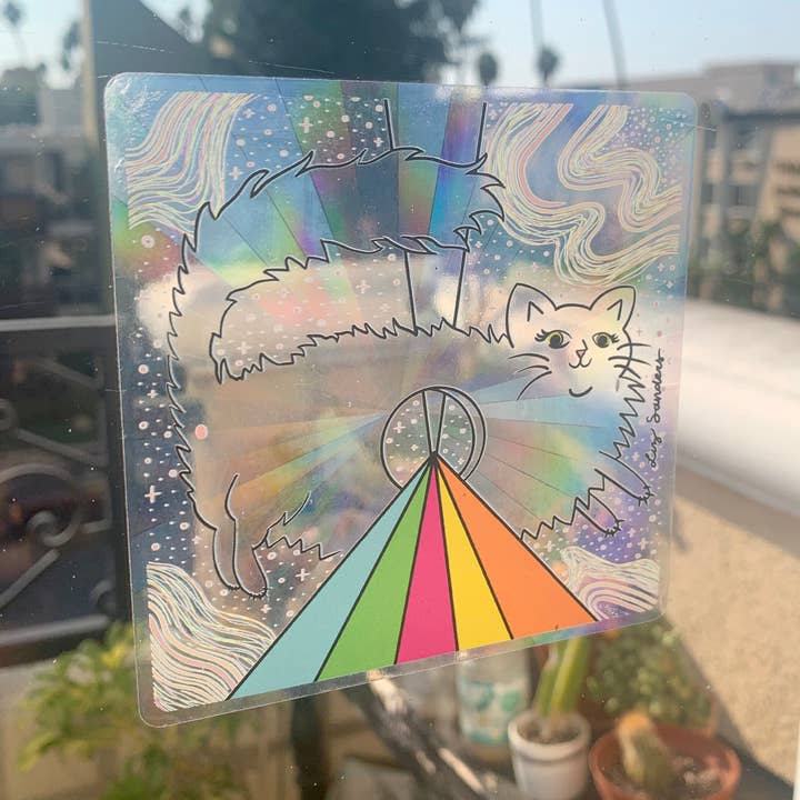 Sticker pour fenêtre Motif chat dans l'espace Rainbow Maker pour la vente par Liz Sanders Studio