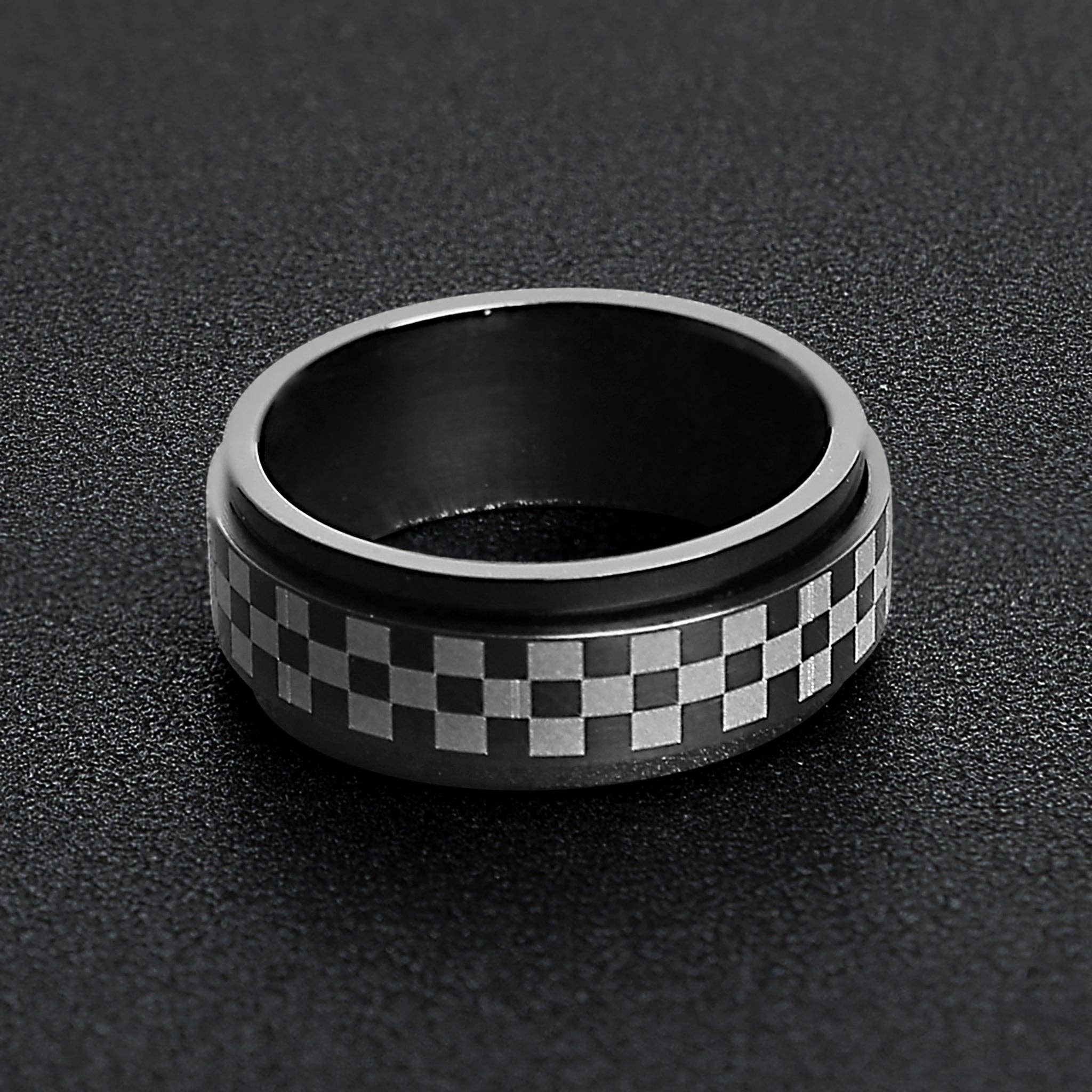 WJW - Wholesale Band/Stacked Ring - Black Checker Stainless Steel Spinner Ring1