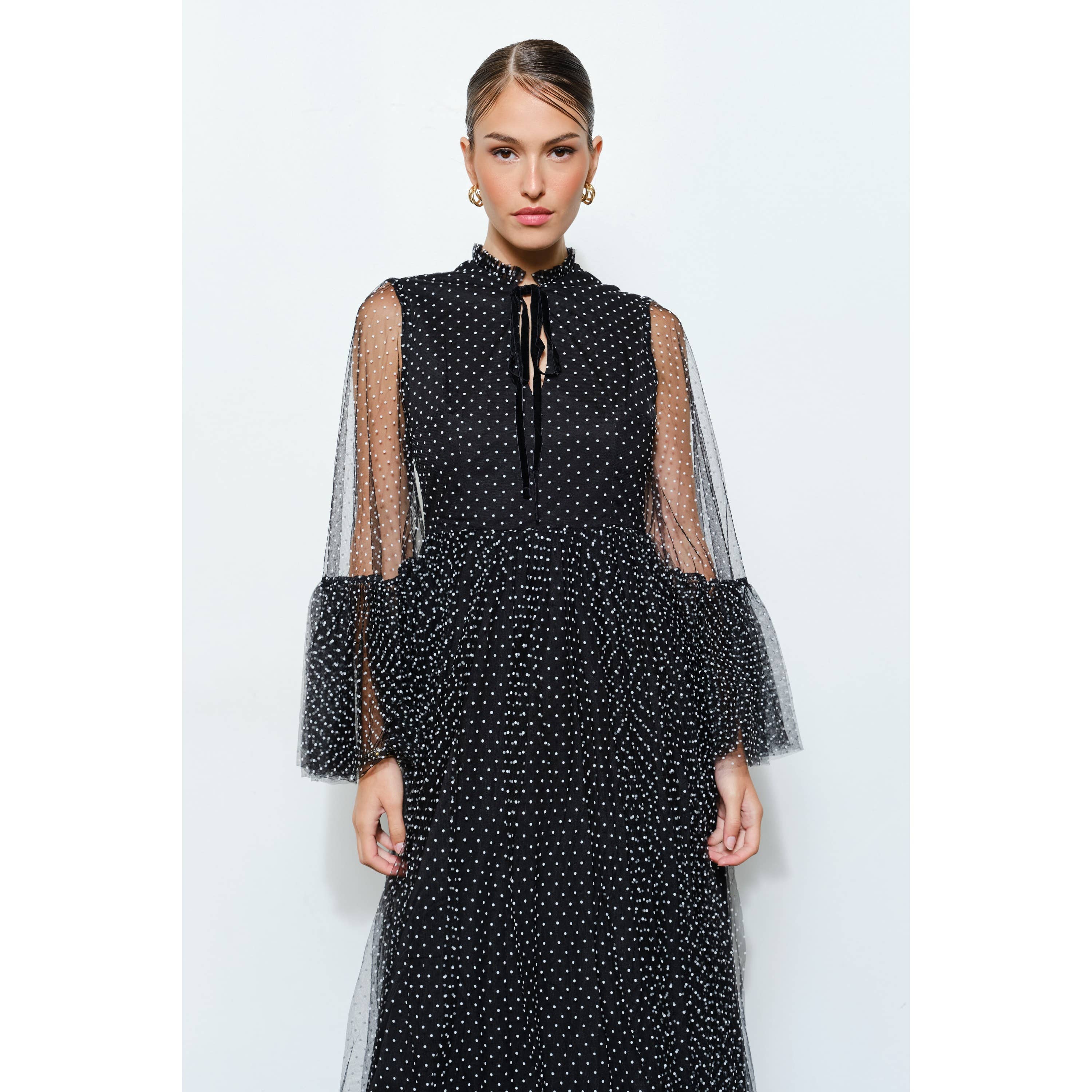 BLACK Polka Dot Mesh Layered Sleeve Maxi Dress for wholesale on Faire3