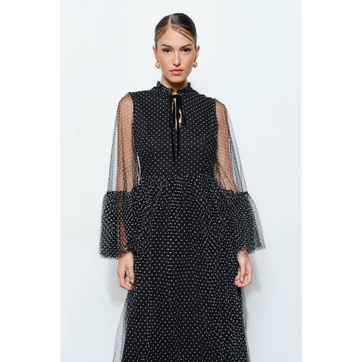 BLACK Polka Dot Mesh Layered Sleeve Maxi Dress for wholesale on Faire3