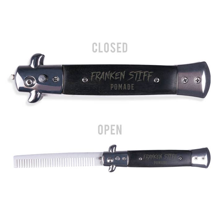Classic Wood Handle Switchblade Grooming Tool – Portable, Stylish Hair Comb for Men’s Quick Touch-Ups for wholesale by Frankenstiff Pomade