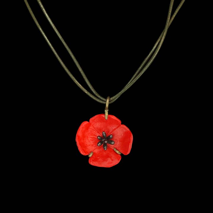 Michael Michaud - Wholesale Pendant/Charm Necklace - Red Poppy Leather Pendant - 16" Adj.