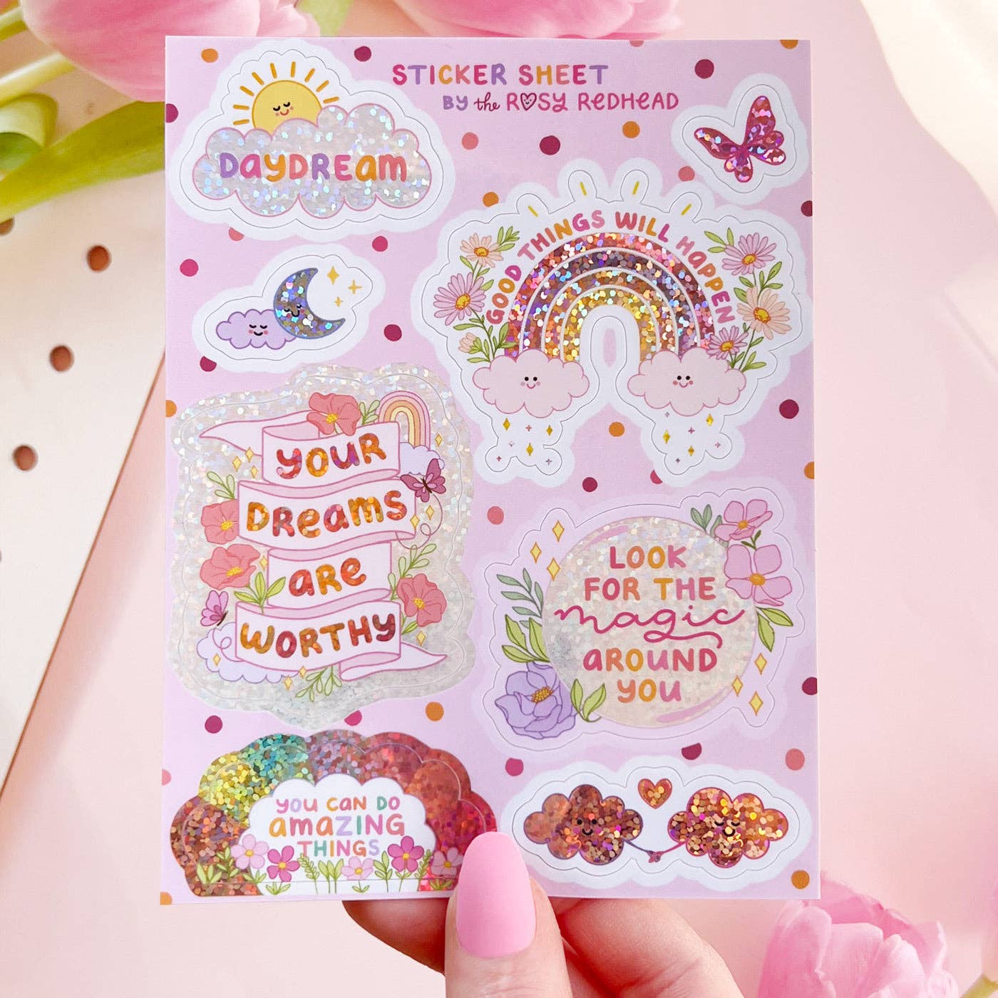 The Rosy Redhead - Wholesale Sticker - Daydream Cute Glittery Positivity Waterproof Sticker Sheet
