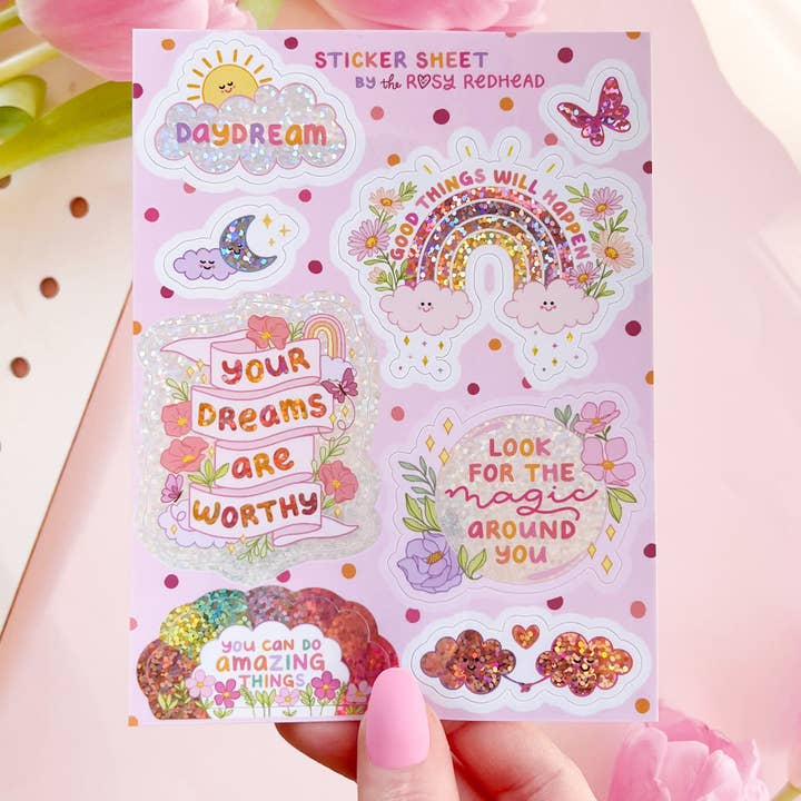 The Rosy Redhead - Wholesale Sticker - Daydream Cute Glittery Positivity Waterproof Sticker Sheet0