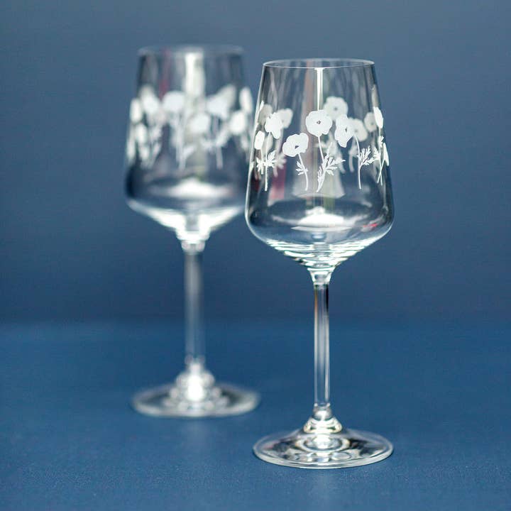 Wine Glasses With Poppy Flowers- August Birth Month for wholesale by Morning Fog Studios