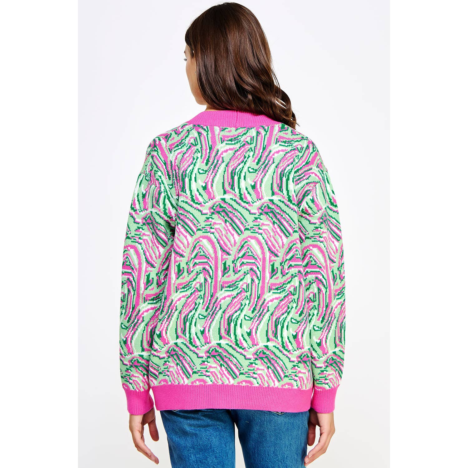 Rosa/Grön Multi Swirl Print Stickad Cardigan för wholesale på Faire6