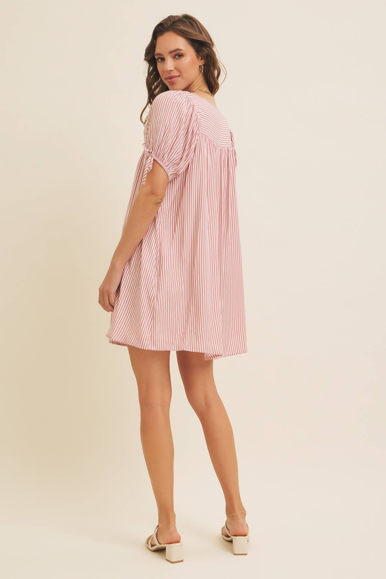 in february - Wholesale Dress - Women's - SQUARE NECK STRIPE FLARE MINI DRESS WITH BOW ON THE SLEEVES14