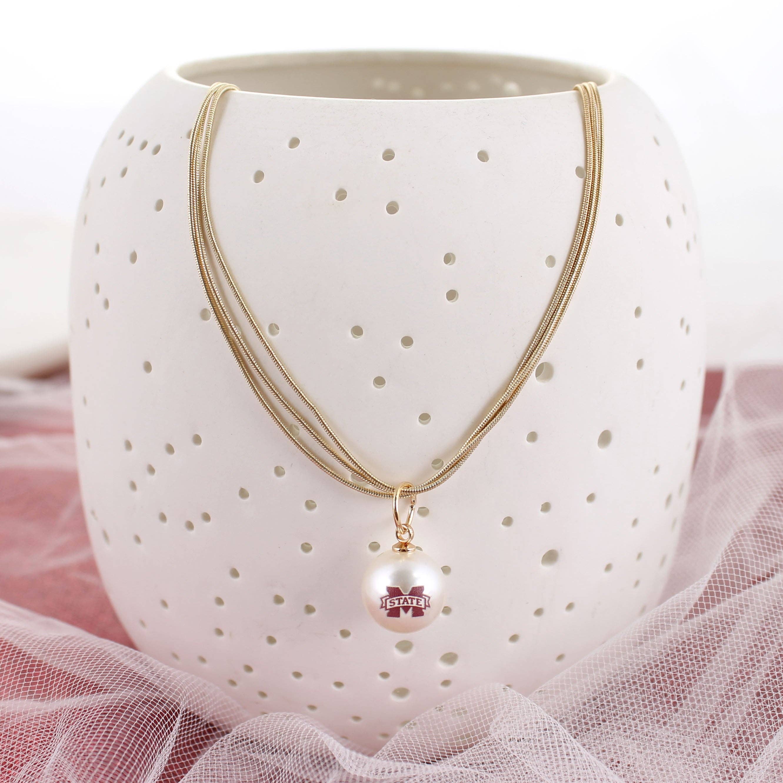 Seasons Jewelry - Wholesale Pendant/Charm Necklace - 18" Mississippi State Gold & Pearl Logo 3-Strand Necklace1
