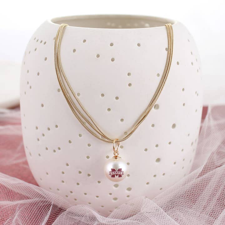 Seasons Jewelry - Wholesale Pendant/Charm Necklace - 18" Mississippi State Gold & Pearl Logo 3-Strand Necklace1