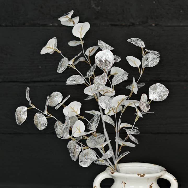 510595- 22in Spray-Silver Metalic Silver Dollar Leaves for wholesale by Holiday Depot Inc.