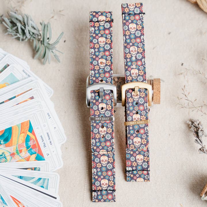 Leren Garmin horlogebandje Day of the Dead Style voor wholesale door Inky Goat
