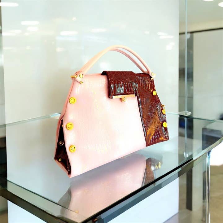Soderena Designs - Vente Sac à main avec poignée sur le dessus – femme - SAC À MAIN EN CUIR VERNIS ROSE ET CHOCOLAT ÉPUISÉ5