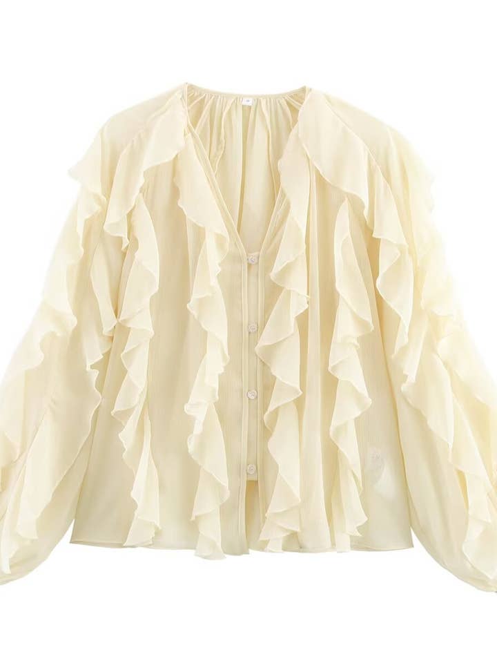 Marayn - Wholesale Blouse - Women's - Chic 2025 European Vneck Ruffled Layered Blouse B888275