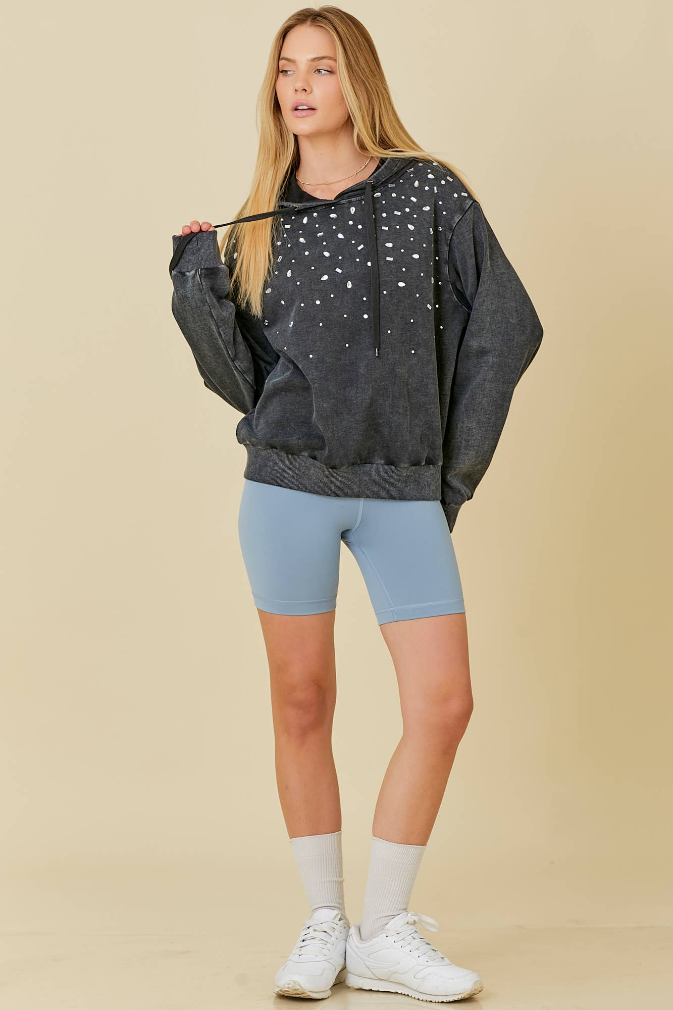 BLACK Washed Hoodie With All Over Rhinestone Detail for wholesale on Faire9