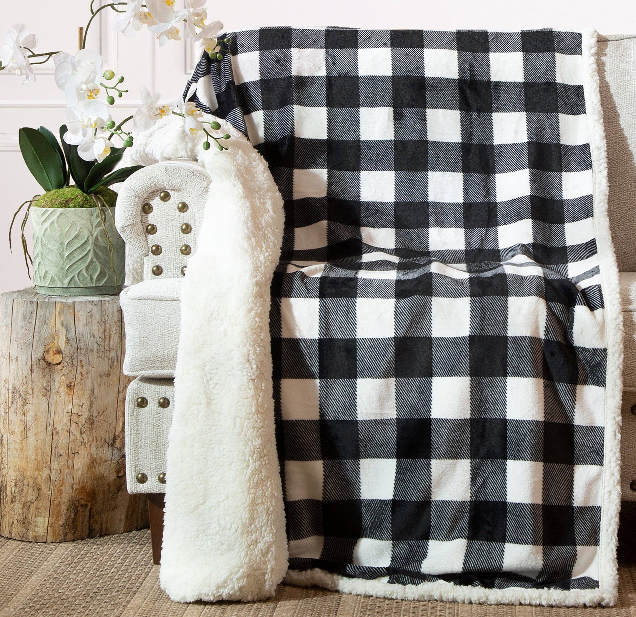 Carstens, Inc. - Wholesale Throw Blanket - Black & White Lumberjack Plaid Plush Sherpa Throw