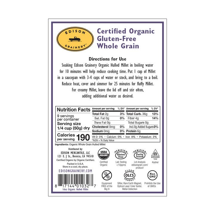 Edison Grainery - Wholesale Whole Grains - Edison Grainery Organic Hulled Millet 16 oz1