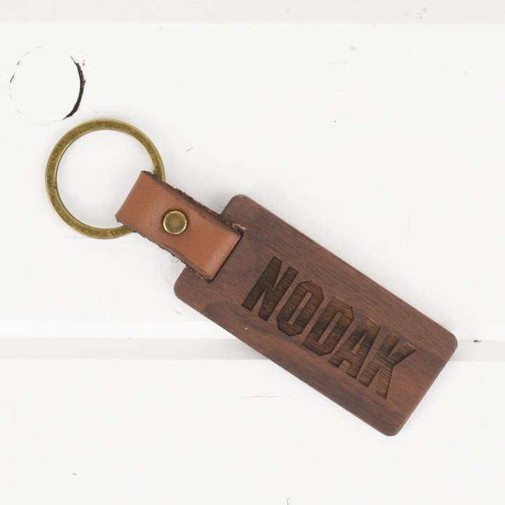 North Dakota Wood/Leather Keychain for wholesale by Classic State