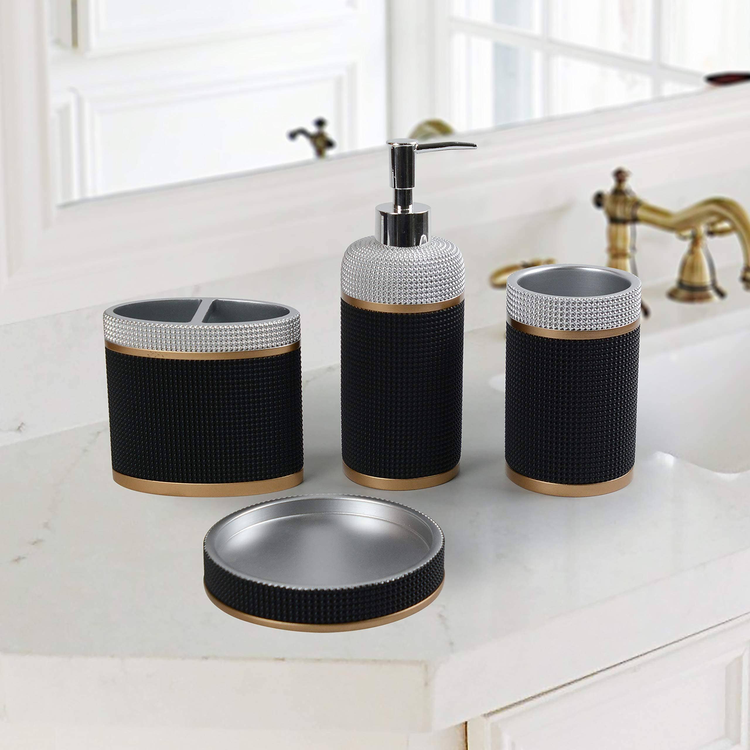 6 Piece Gold Black Poly Resin Bathroom Accessory Set for wholesale on Faire4