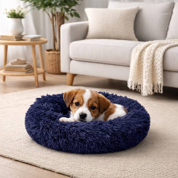 Cama para cães e gatos tamanho XS, formato donut, pelúcia azul escuro por atacado de NHP International