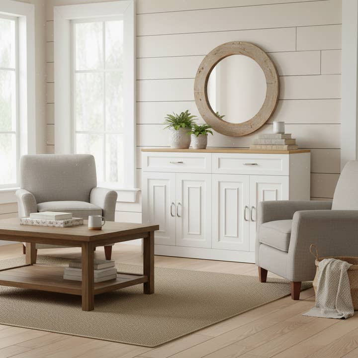 Urban Meuble - Wholesale Cabinet - Wood and white effect sideboard with 4 doors and 2 drawers 120*35cm OPALPHYT3