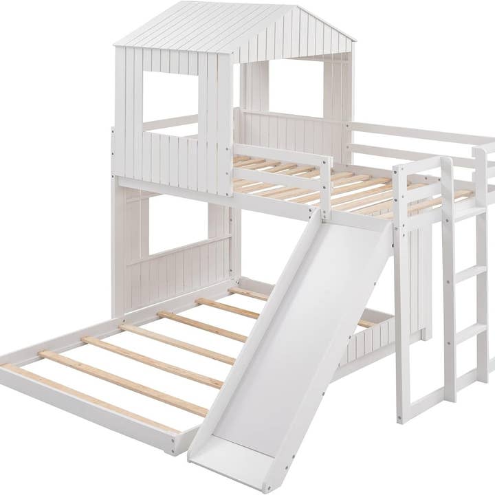 Twin Over Full Bunk Bed With Slide With Guardrails White for wholesale on Faire3