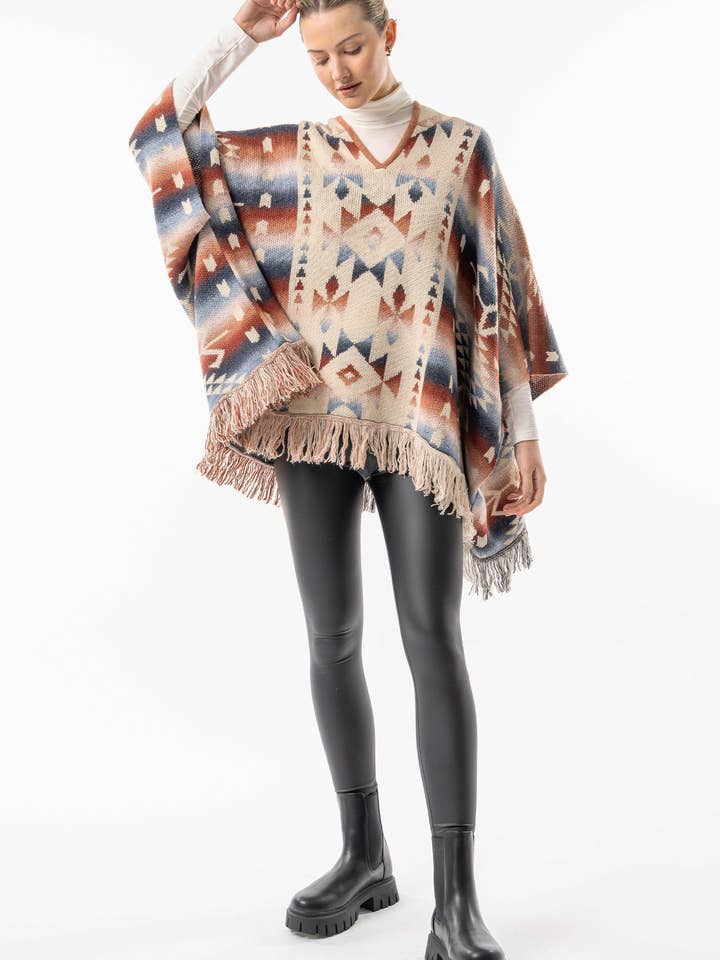 California Californian Hooded Batwing Poncho with Fringe for wholesale on Faire4