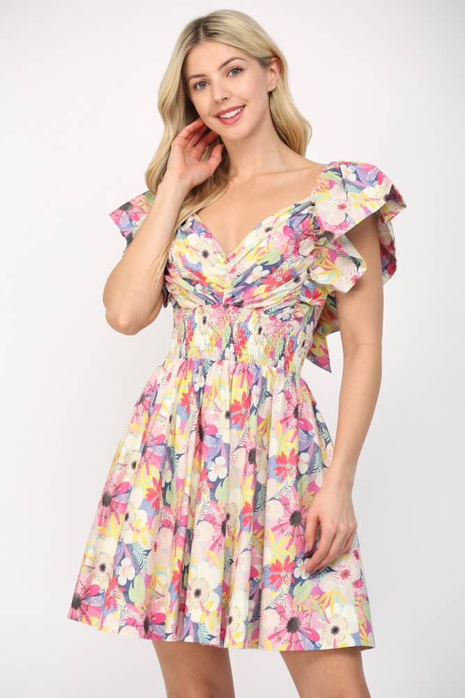 PINK MULTI FLUTTER SLEEVES PLEATED DETAIL MINI DRESS FD35205 for wholesale on Faire2