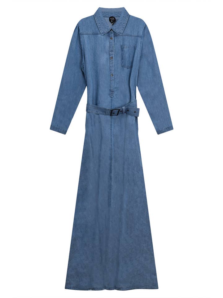 Vestido Maxi Tecido em Denim por atacado de Hush.Shop